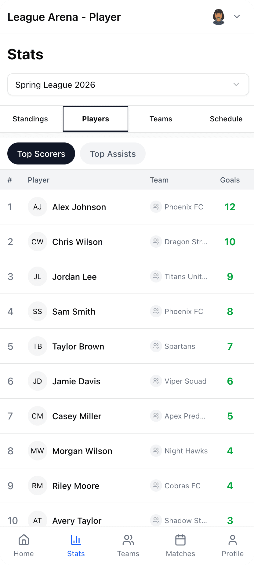 Live match standings and league table